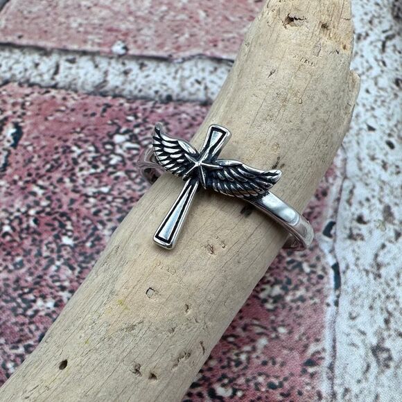 Cross With Wings Sterling Silver Ring - Picture 1 of 5